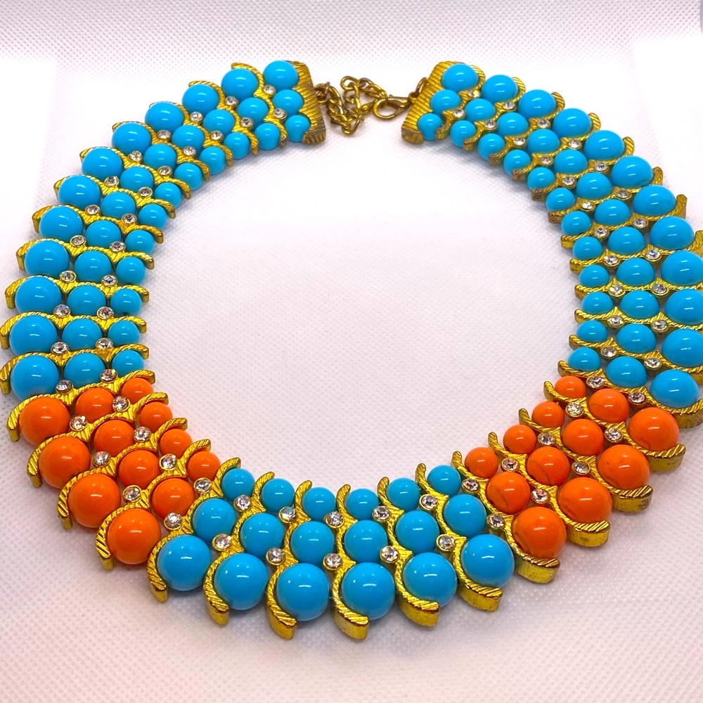 Southwestern Bib Necklace Faux Turquoise Coral Beads Rhinestone Statement Collar
